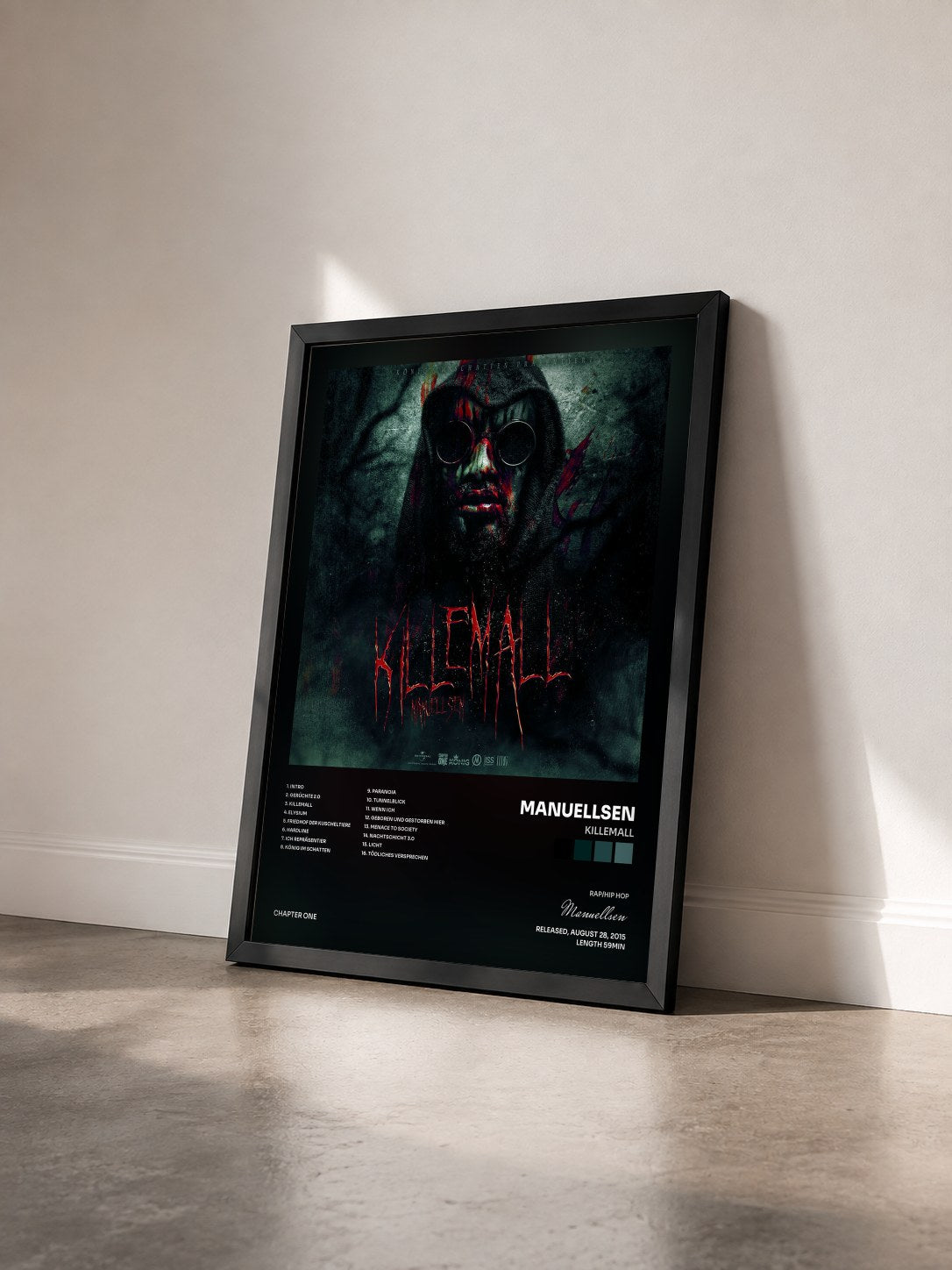 #noir Tableau de l'album Killemall de Manuellsen vu de trois quarts, cadre noir
