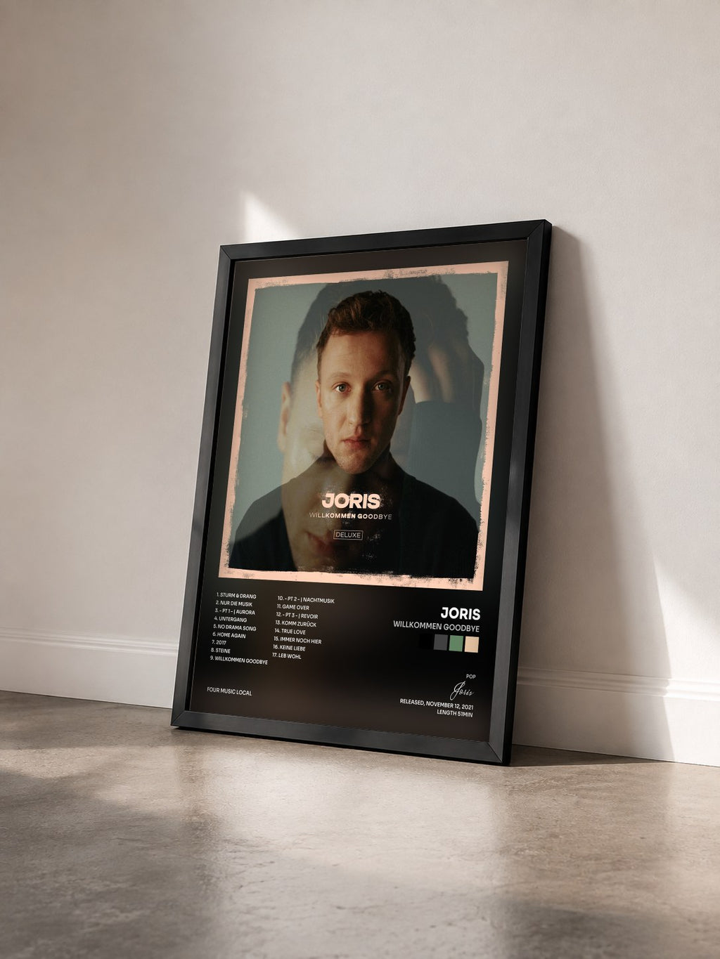 #noir Tableau de l'album Willkommen Goodbye de Joris vu de trois quarts, cadre noir