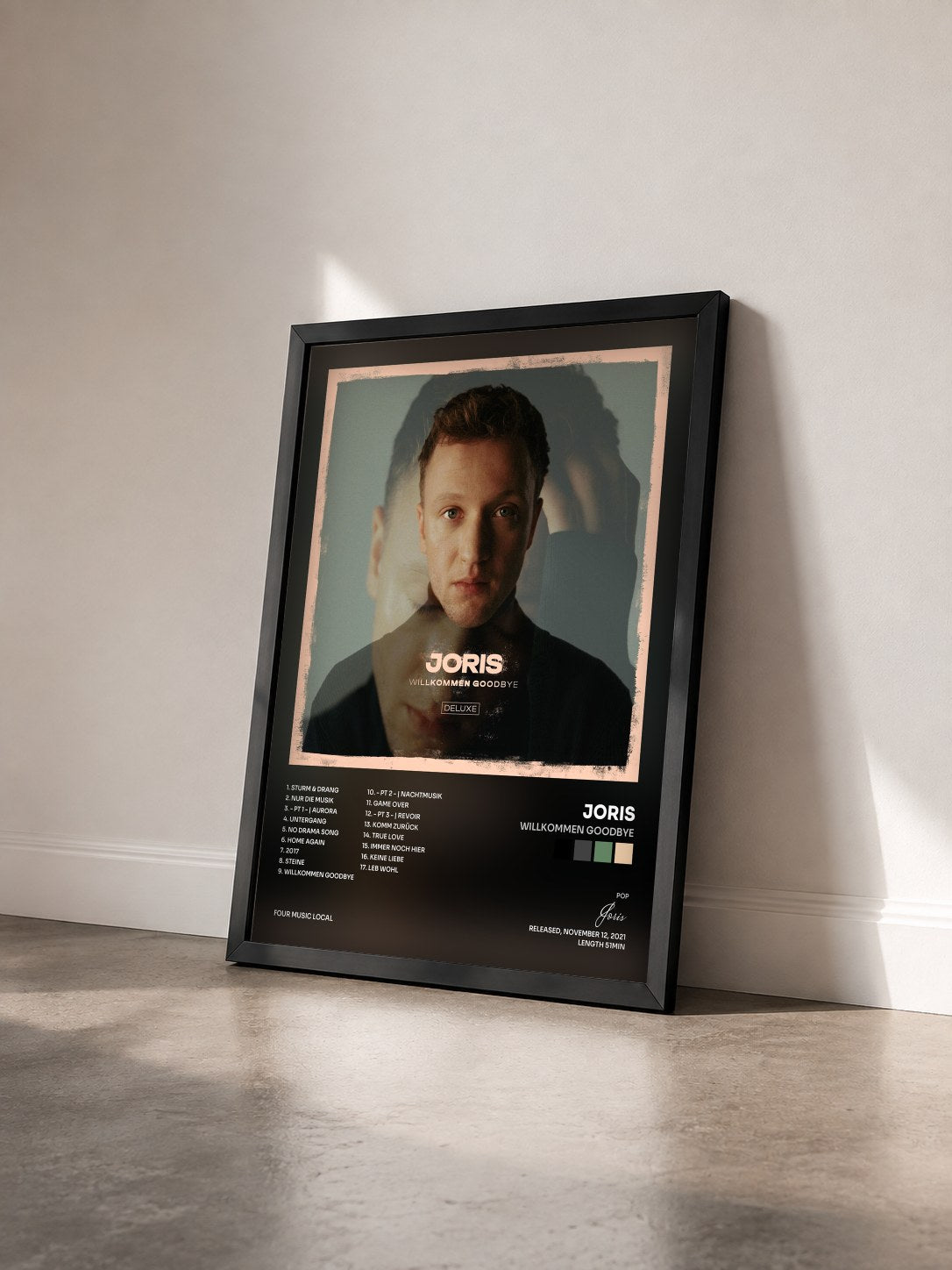 #noir Tableau de l'album Willkommen Goodbye de Joris vu de trois quarts, cadre noir