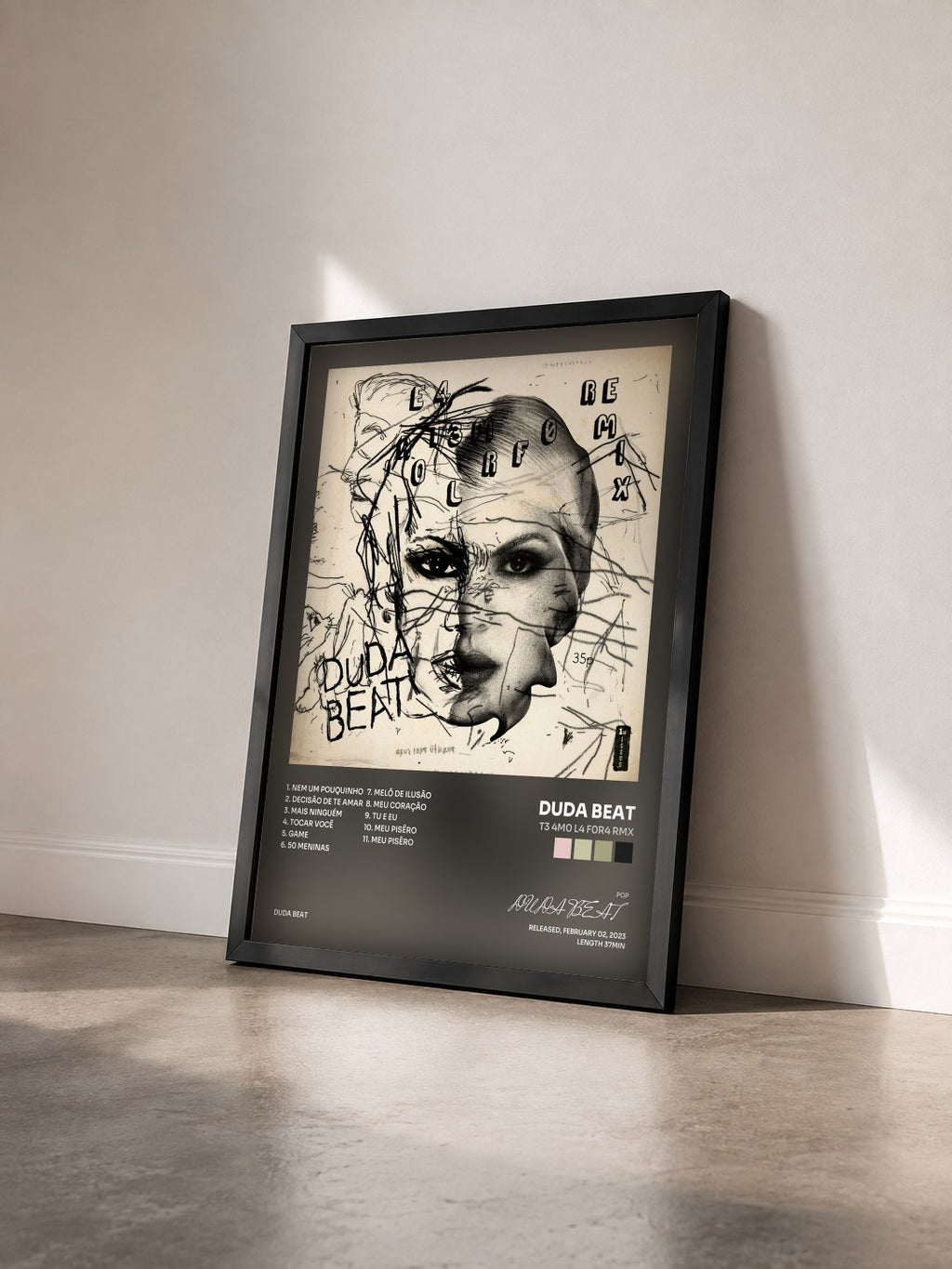 #noir Tableau de l'album T3 4M0 L4 F0R4 RMX de DUDA BEAT vu de trois quarts, cadre noir