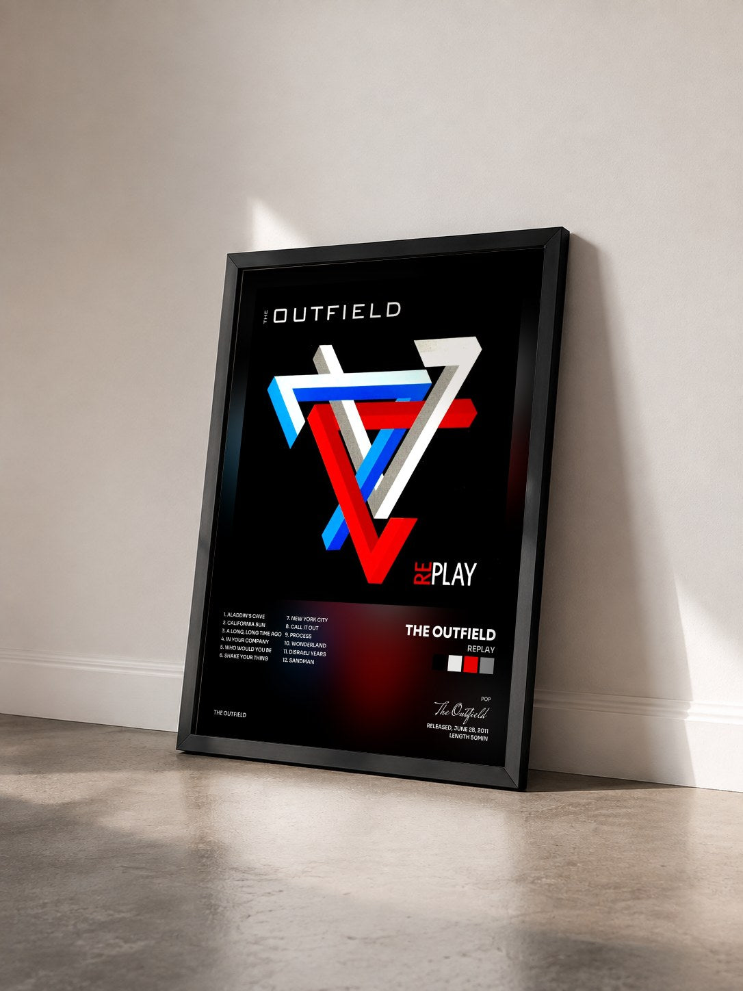 #noir Tableau de l'album Replay de The Outfield vu de trois quarts, cadre noir