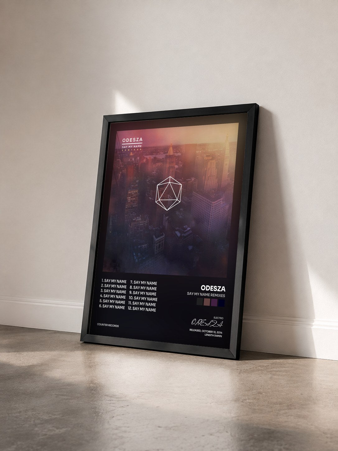 #noir Tableau de l'album Say My Name Remixes de ODESZA vu de trois quarts, cadre noir