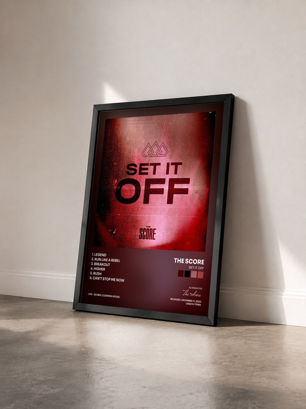 #noir Tableau de l'album Set It Off de The Score vu de trois quarts, cadre noir