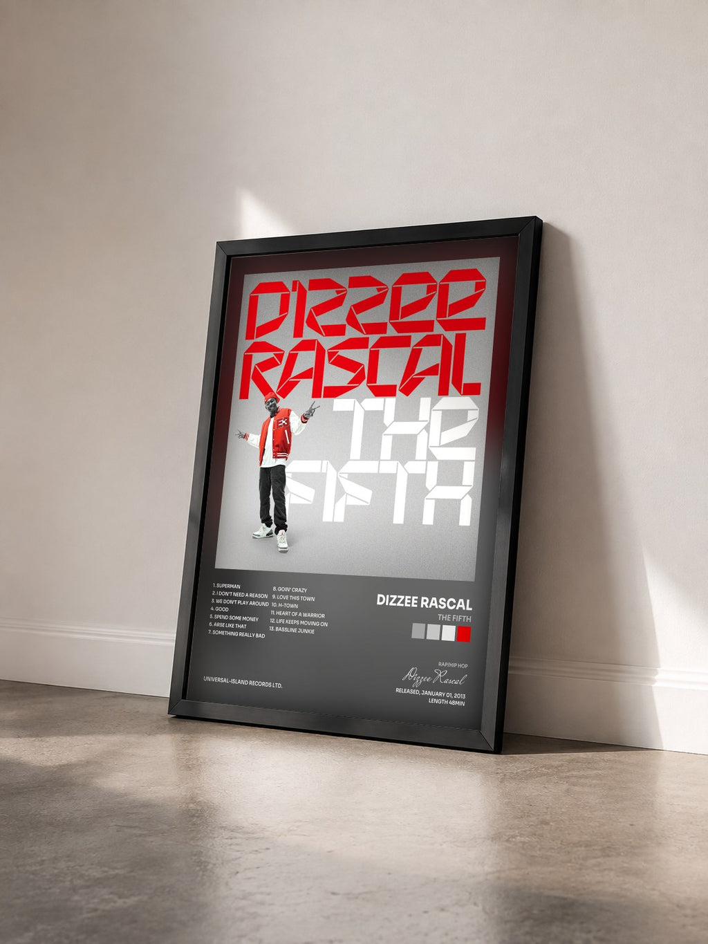 #noir Tableau de l'album The Fifth de Dizzee Rascal vu de trois quarts, cadre noir