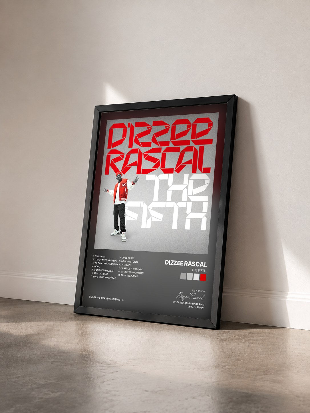 #noir Tableau de l'album The Fifth de Dizzee Rascal vu de trois quarts, cadre noir