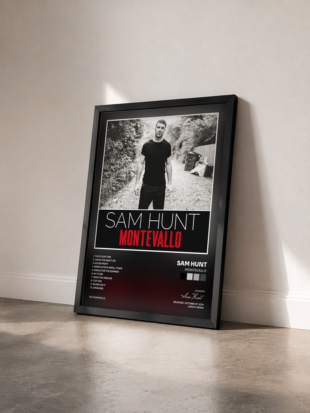 #noir Tableau de l'album Montevallo de Sam Hunt vu de trois quarts, cadre noir
