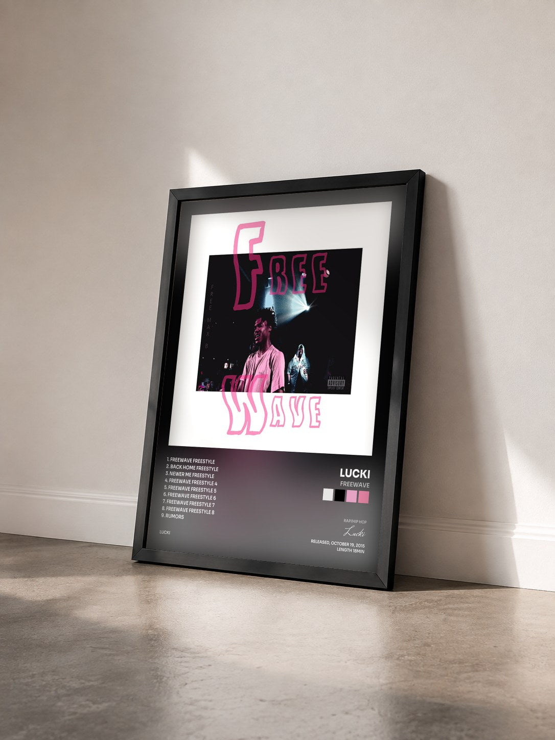 #noir Tableau de l'album Freewave de Lucki vu de trois quarts, cadre noir