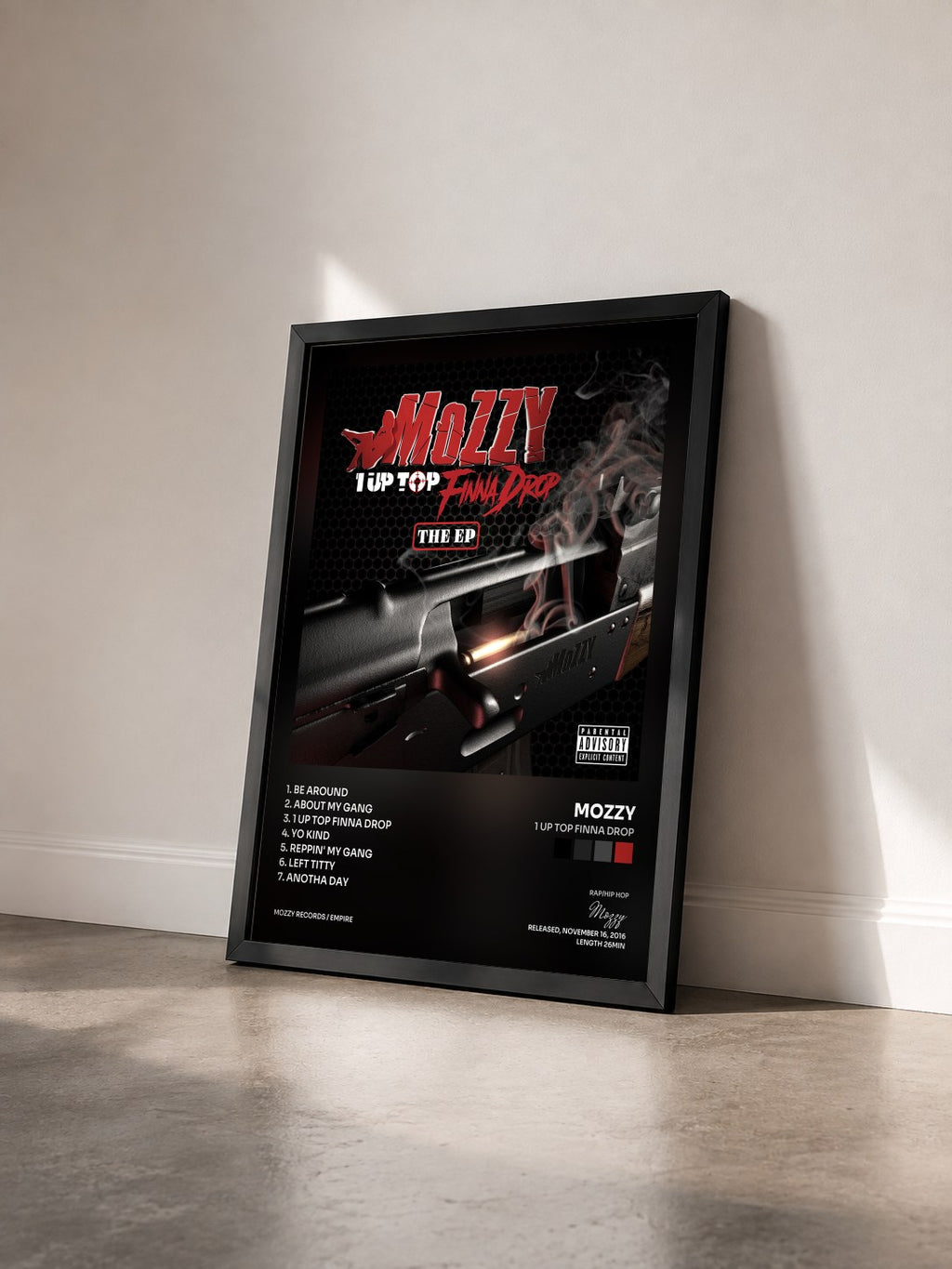 #noir Tableau de l'album 1 Up Top Finna Drop de Mozzy vu de trois quarts, cadre noir