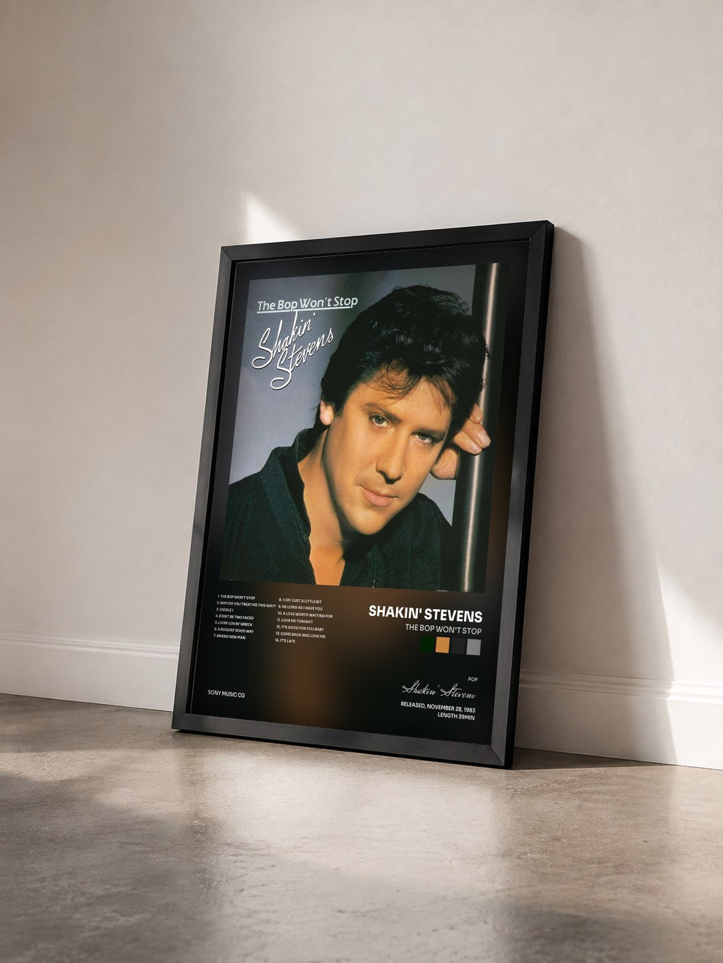 #noir Tableau de l'album The Bop Won't Stop de Shakin' Stevens vu de trois quarts, cadre noir