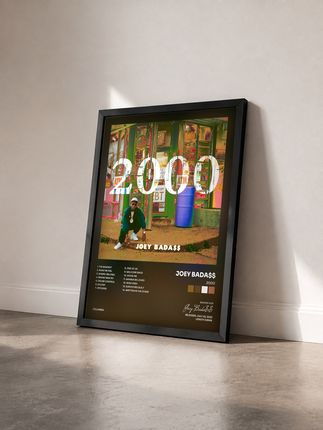 #noir Tableau de l'album 2000 de Joey Bada$$ vu de trois quarts, cadre noir