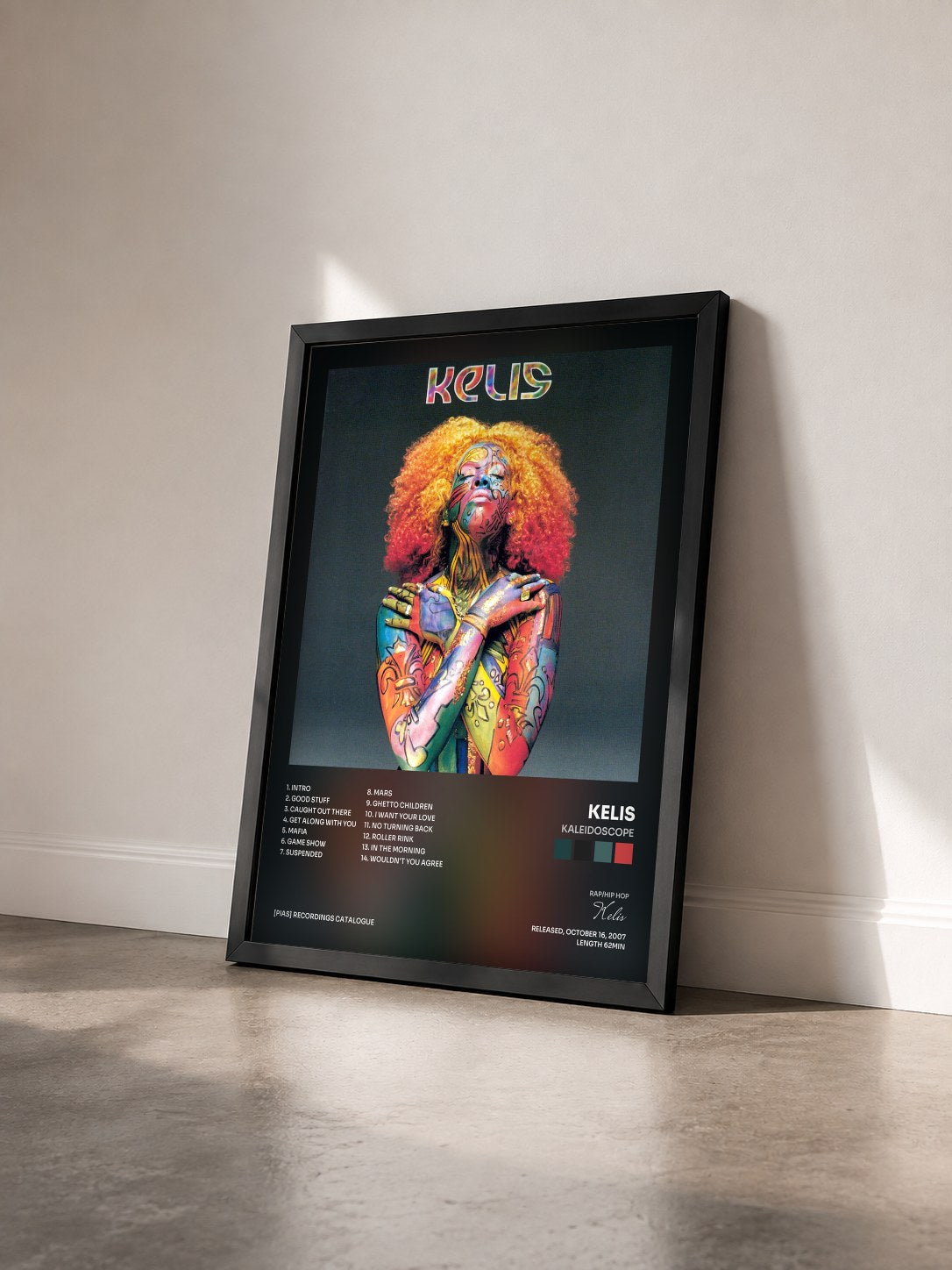 #noir Tableau de l'album Kaleidoscope de Kelis vu de trois quarts, cadre noir