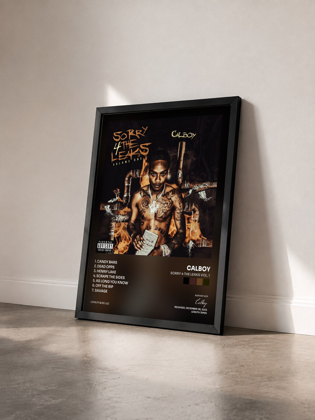 #noir Tableau de l'album Sorry 4 The Leaks Vol. 1 de Calboy vu de trois quarts, cadre noir