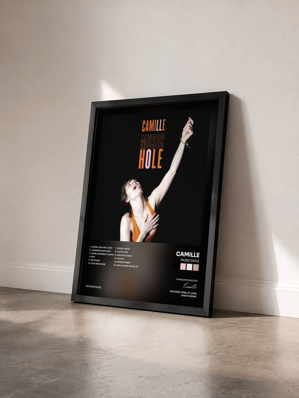 #noir Tableau de l'album Music Hole de Camille vu de trois quarts, cadre noir