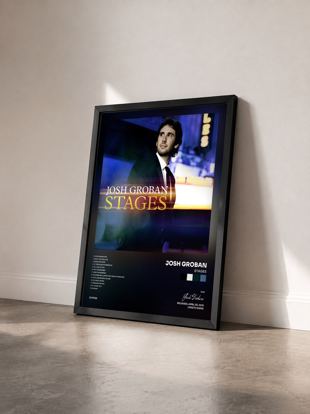 #noir Tableau de l'album Stages de Josh Groban vu de trois quarts, cadre noir