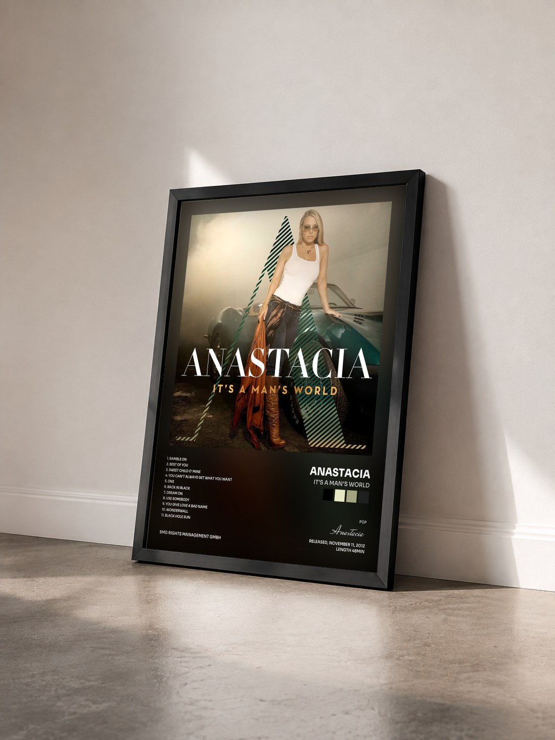 #noir Tableau de l'album It's a Man's World de Anastacia vu de trois quarts, cadre noir