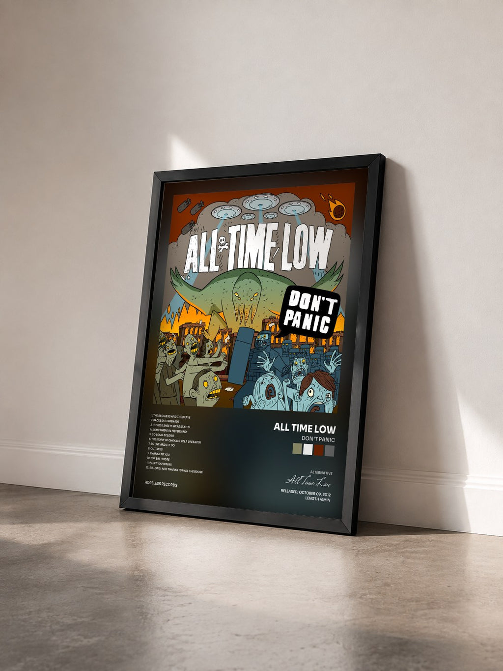 #noir Tableau de l'album Don't Panic de All Time Low vu de trois quarts, cadre noir