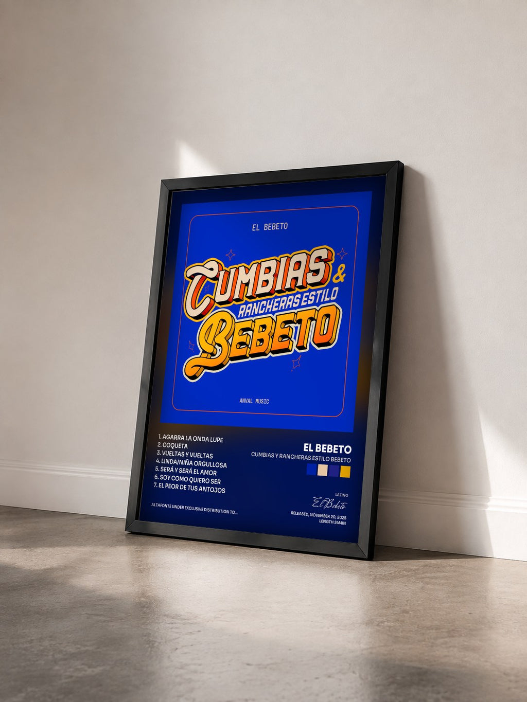 #noir Cumbias y Rancheras Estilo Bebeto di El Bebeto in stampa incorniciata vista di tre quarti, cornice nera