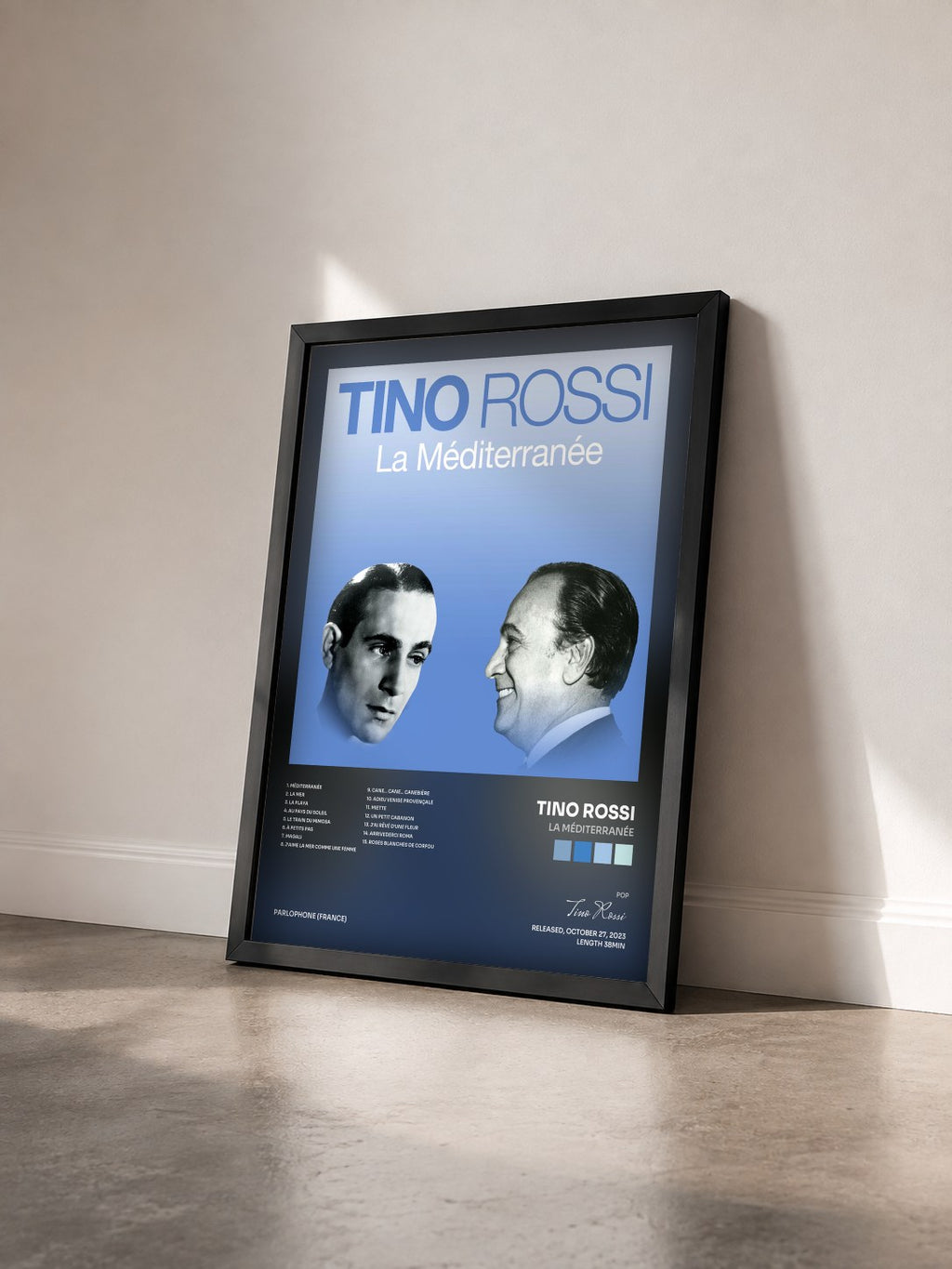 #noir Tableau de l'album La Méditerranée de Tino Rossi vu de trois quarts, cadre noir