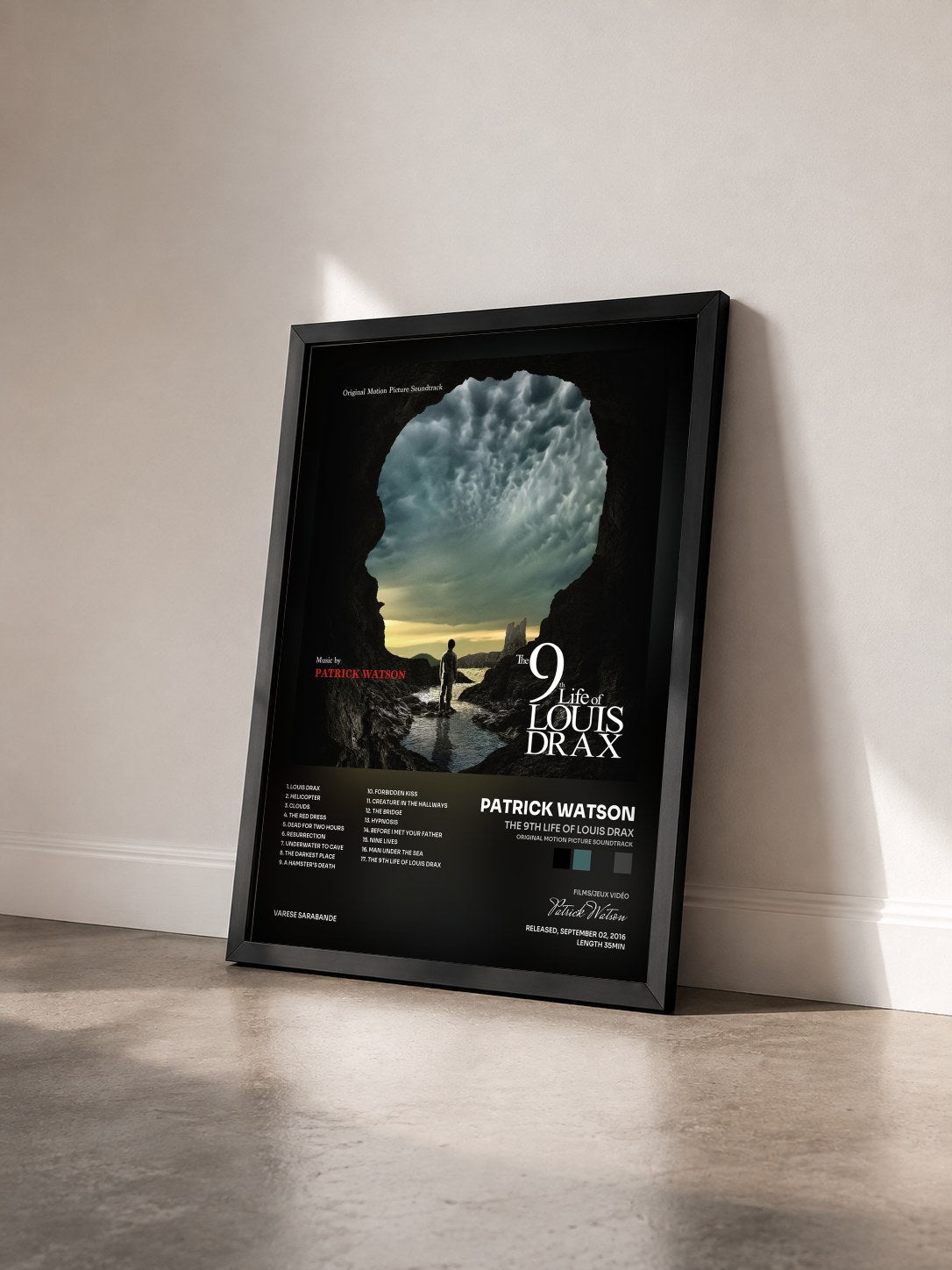 #noir Tableau de l'album The 9th LIfe Of Louis Drax (Original Motion Picture Soundtrack) de Patrick Watson vu de trois quarts, cadre noir
