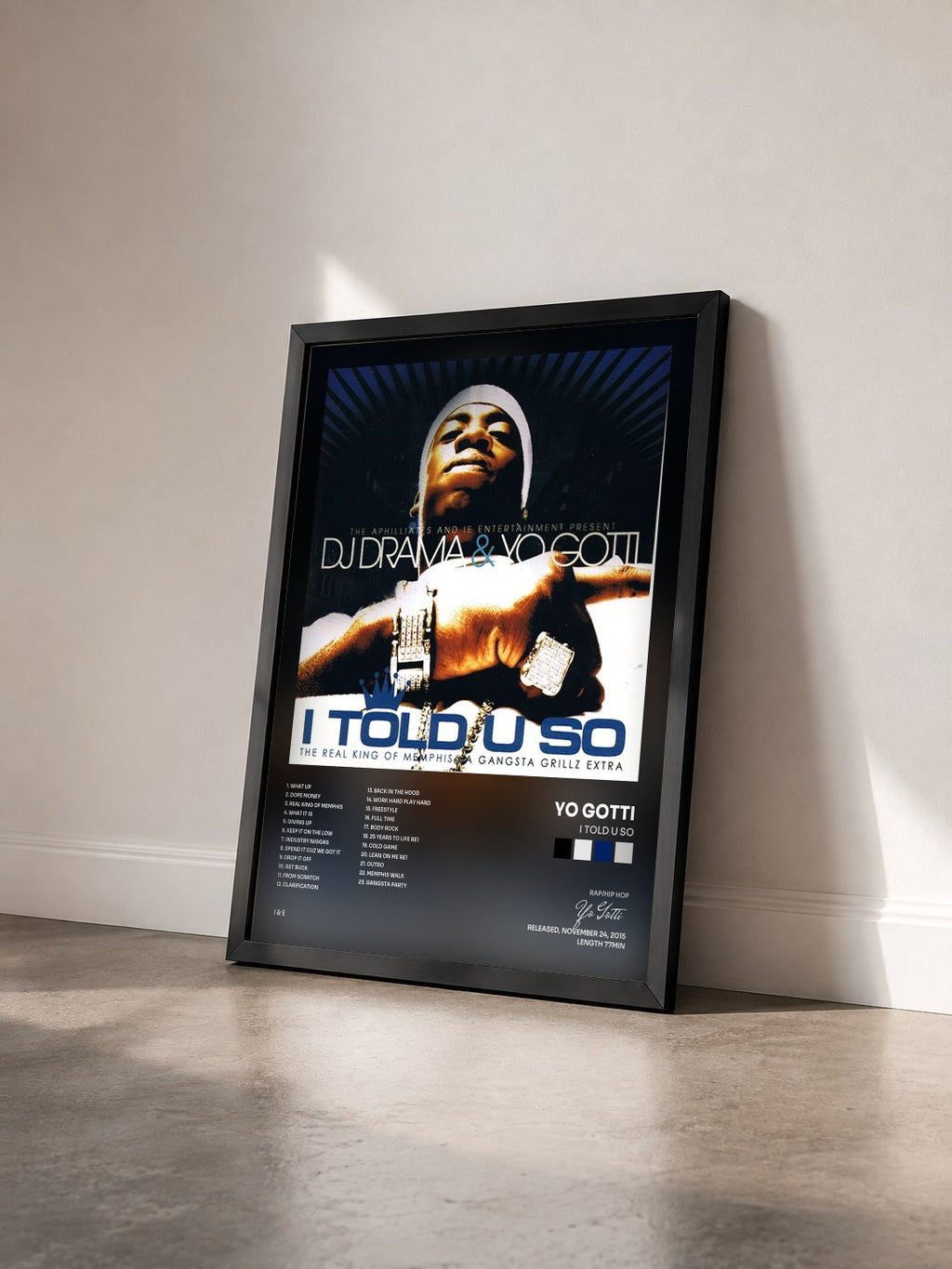 #noir Tableau de l'album I Told U So de Yo Gotti vu de trois quarts, cadre noir