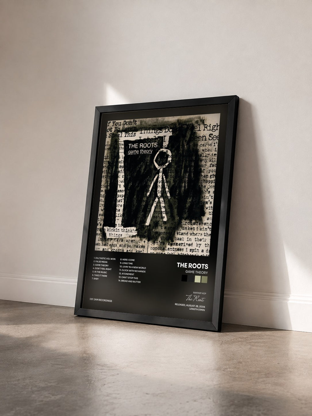 #noir Tableau de l'album Game Theory de The Roots vu de trois quarts, cadre noir