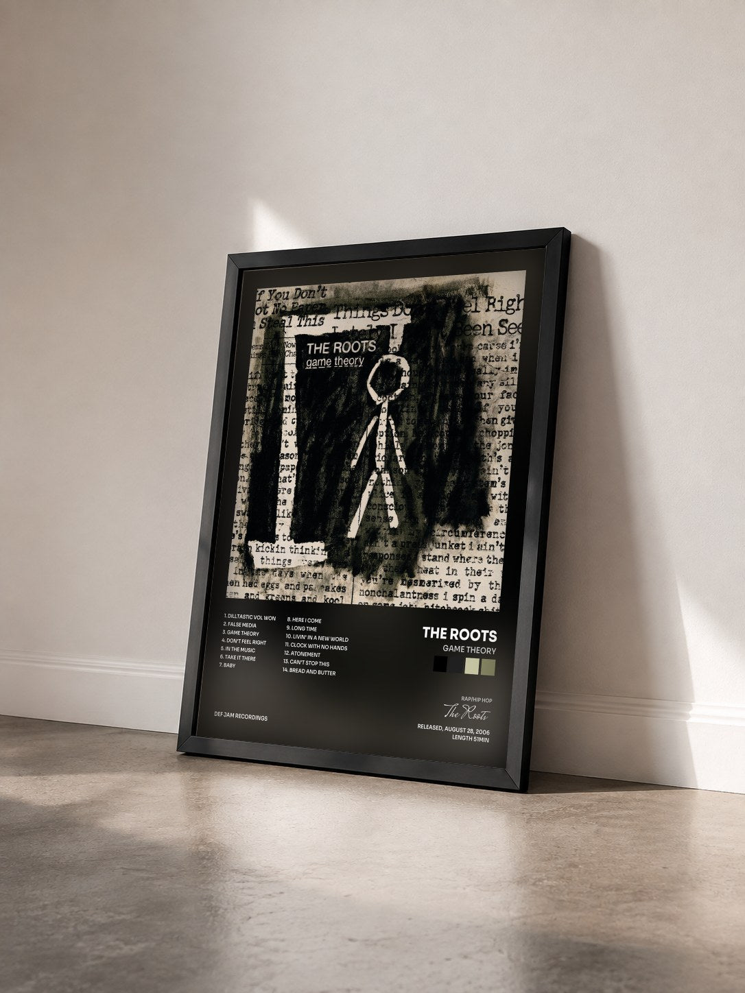 #noir Tableau de l'album Game Theory de The Roots vu de trois quarts, cadre noir