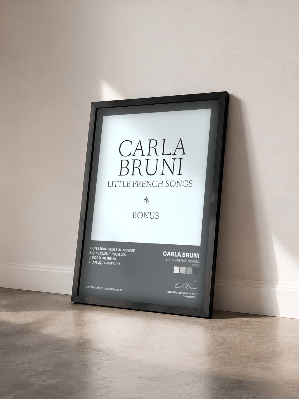 #noir Tableau de l'album Little French Songs (Bonus) de Carla Bruni vu de trois quarts, cadre noir