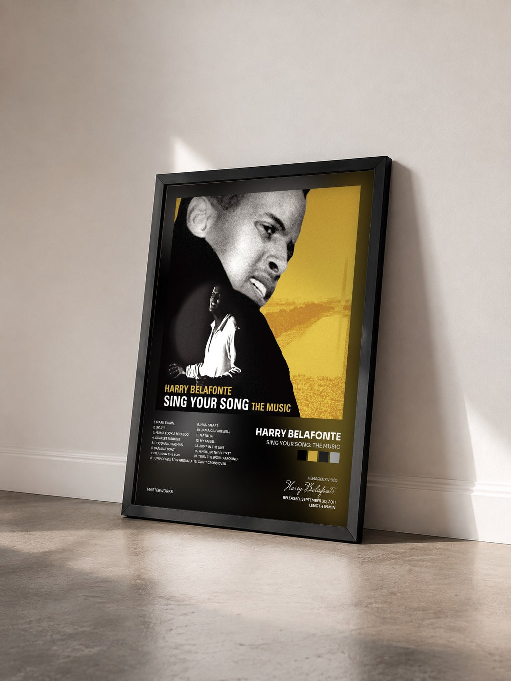 #noir SING YOUR SONG: The Music di Harry Belafonte in stampa incorniciata vista di tre quarti, cornice nera
