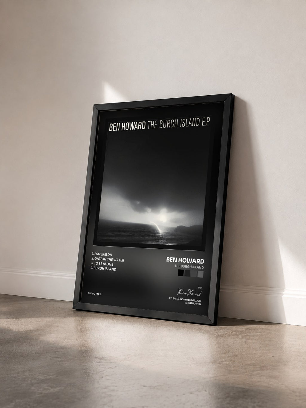 #noir Tableau de l'album The Burgh Island de Ben Howard vu de trois quarts, cadre noir