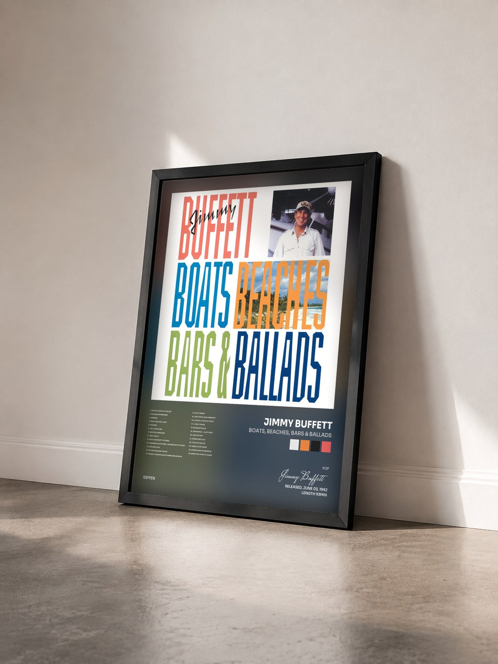 #noir Tableau de l'album Boats, Beaches, Bars & Ballads de Jimmy Buffett vu de trois quarts, cadre noir