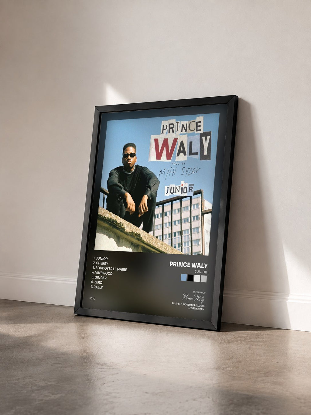 #noir Tableau de l'album Junior de Prince Waly vu de trois quarts, cadre noir