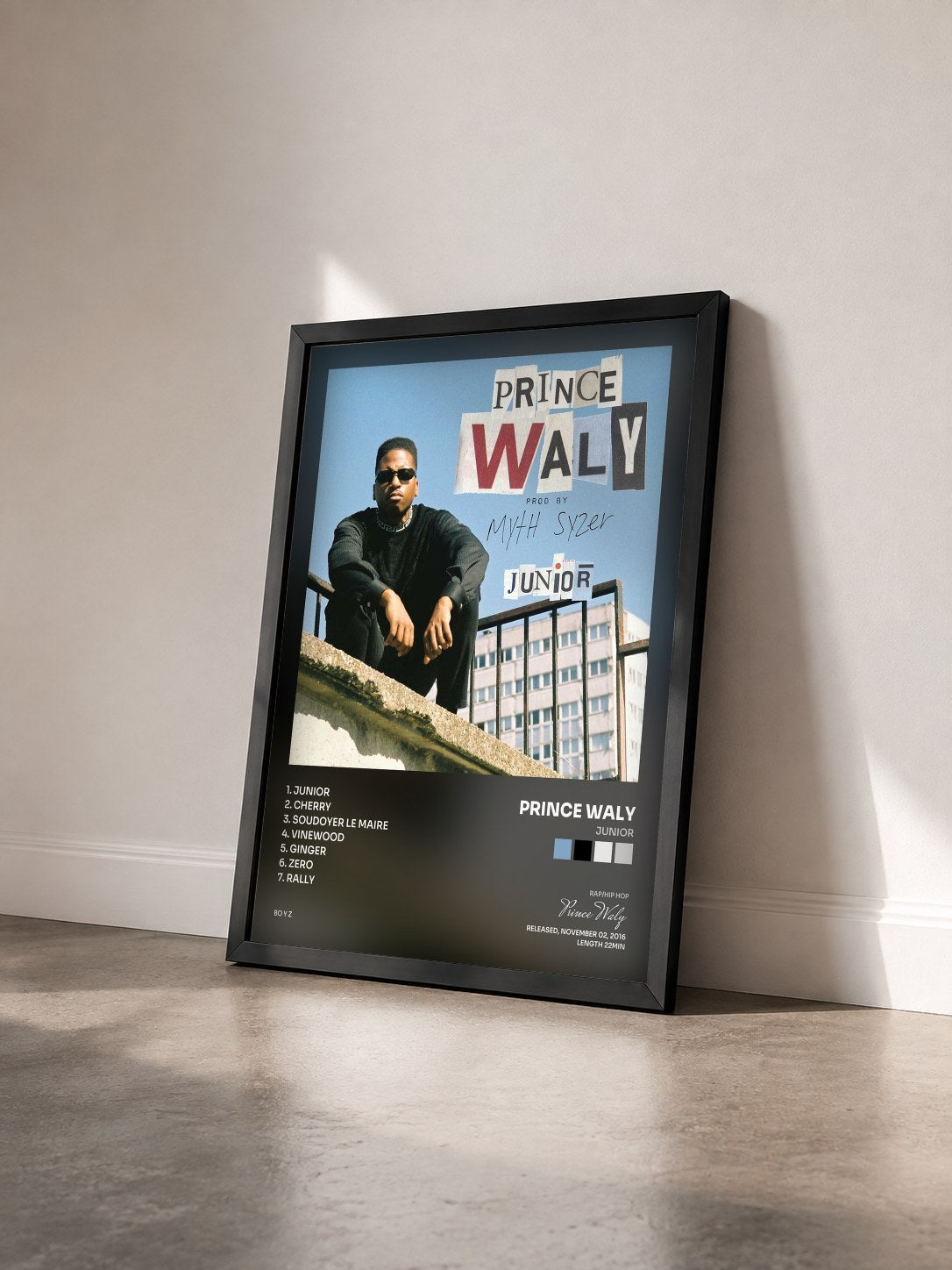 #noir Tableau de l'album Junior de Prince Waly vu de trois quarts, cadre noir