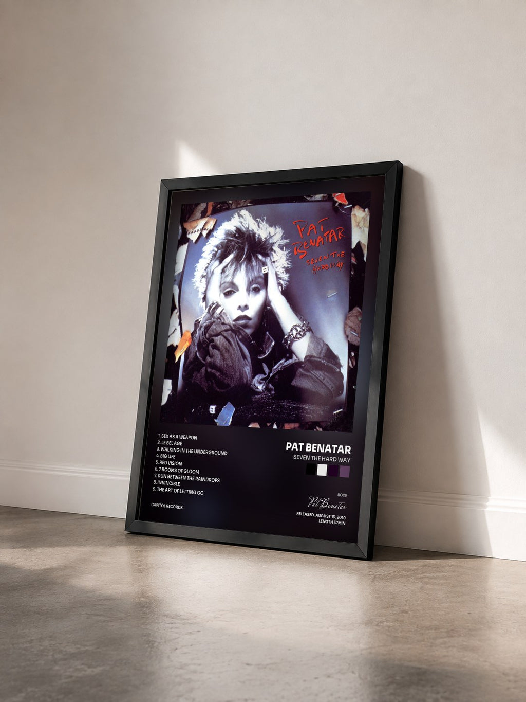 #noir Tableau de l'album Seven The Hard Way de Pat Benatar vu de trois quarts, cadre noir