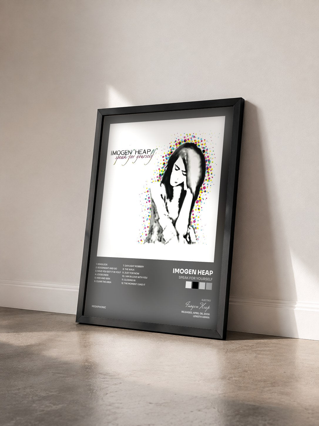 #noir Tableau de l'album Speak for Yourself de Imogen Heap vu de trois quarts, cadre noir