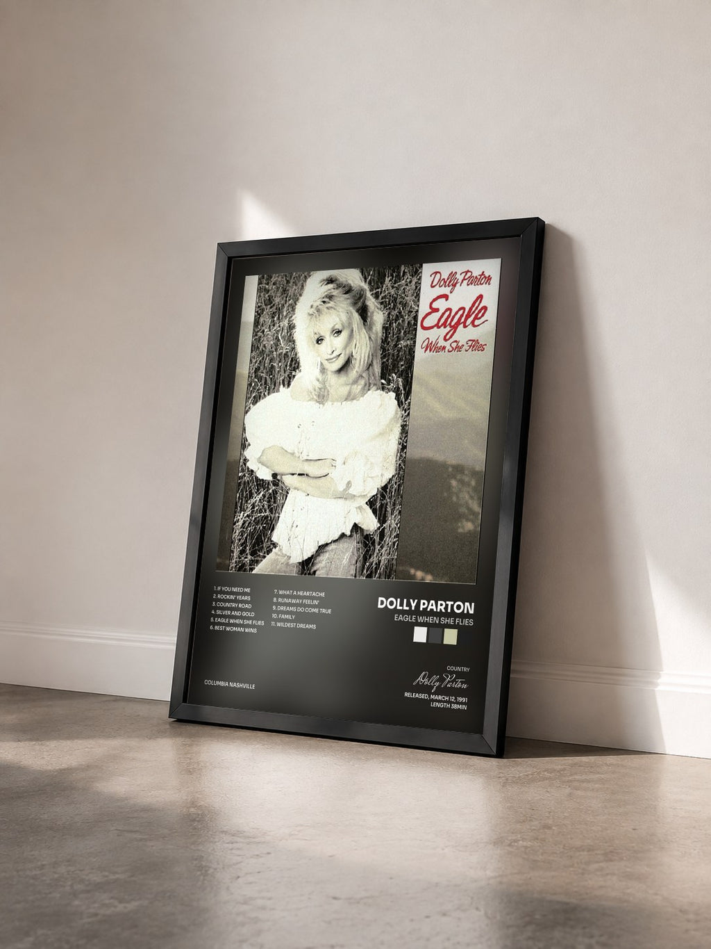 #noir Tableau de l'album Eagle When She Flies de Dolly Parton vu de trois quarts, cadre noir