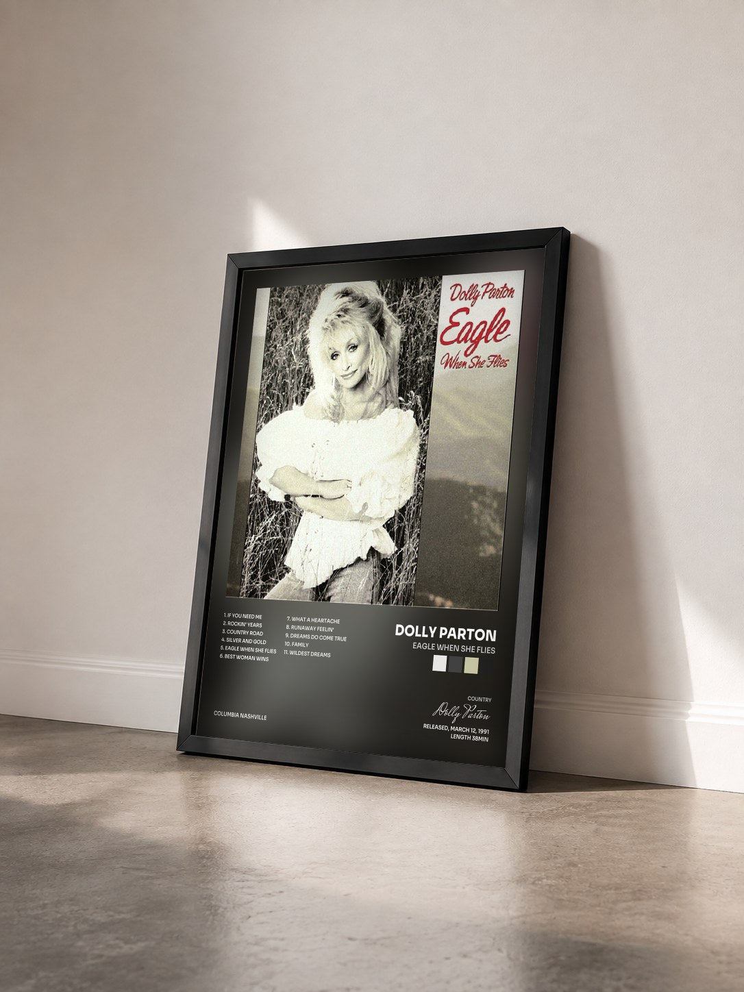 #noir Tableau de l'album Eagle When She Flies de Dolly Parton vu de trois quarts, cadre noir