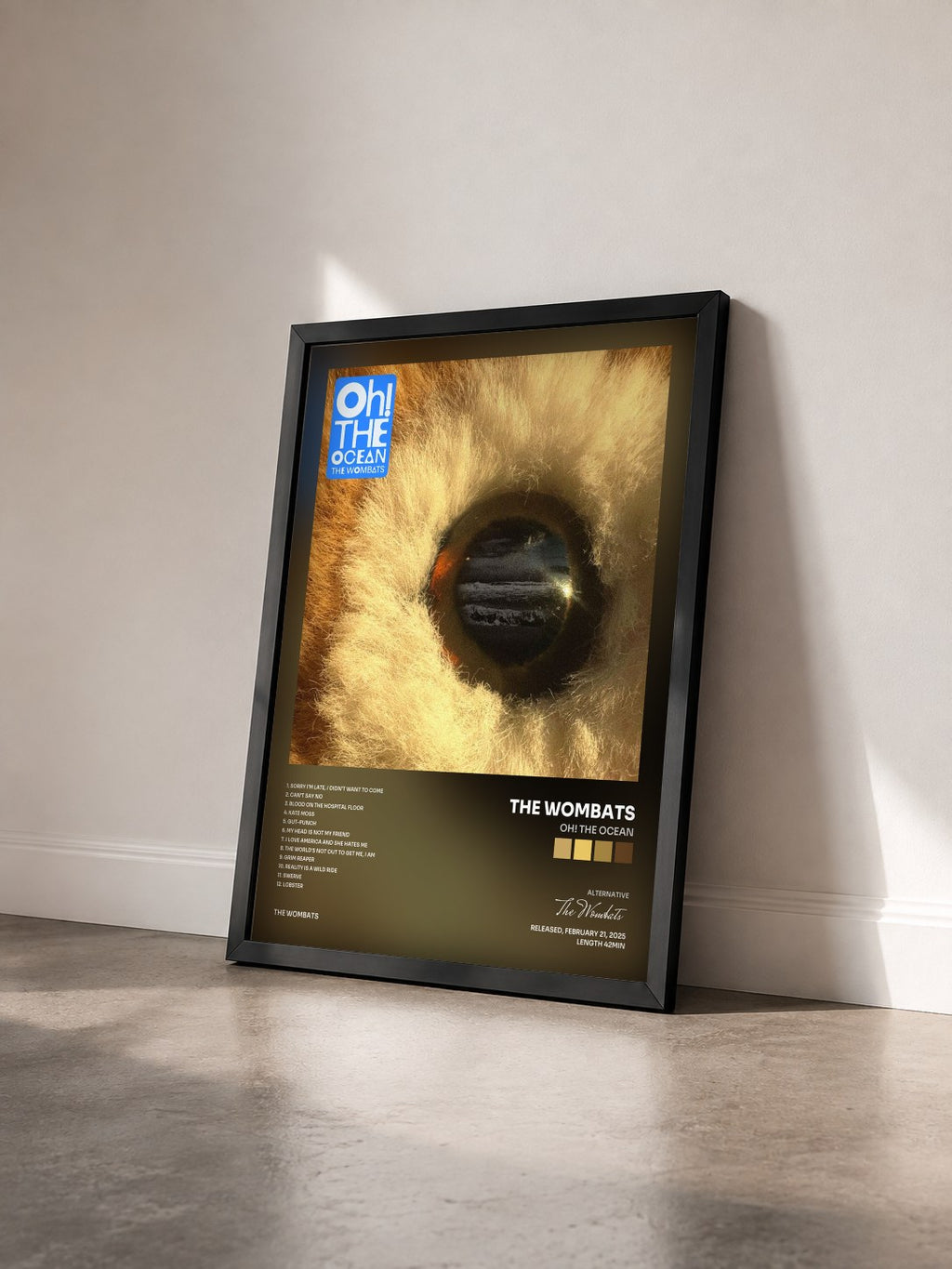 #noir Tableau de l'album Oh! The Ocean de The Wombats vu de trois quarts, cadre noir