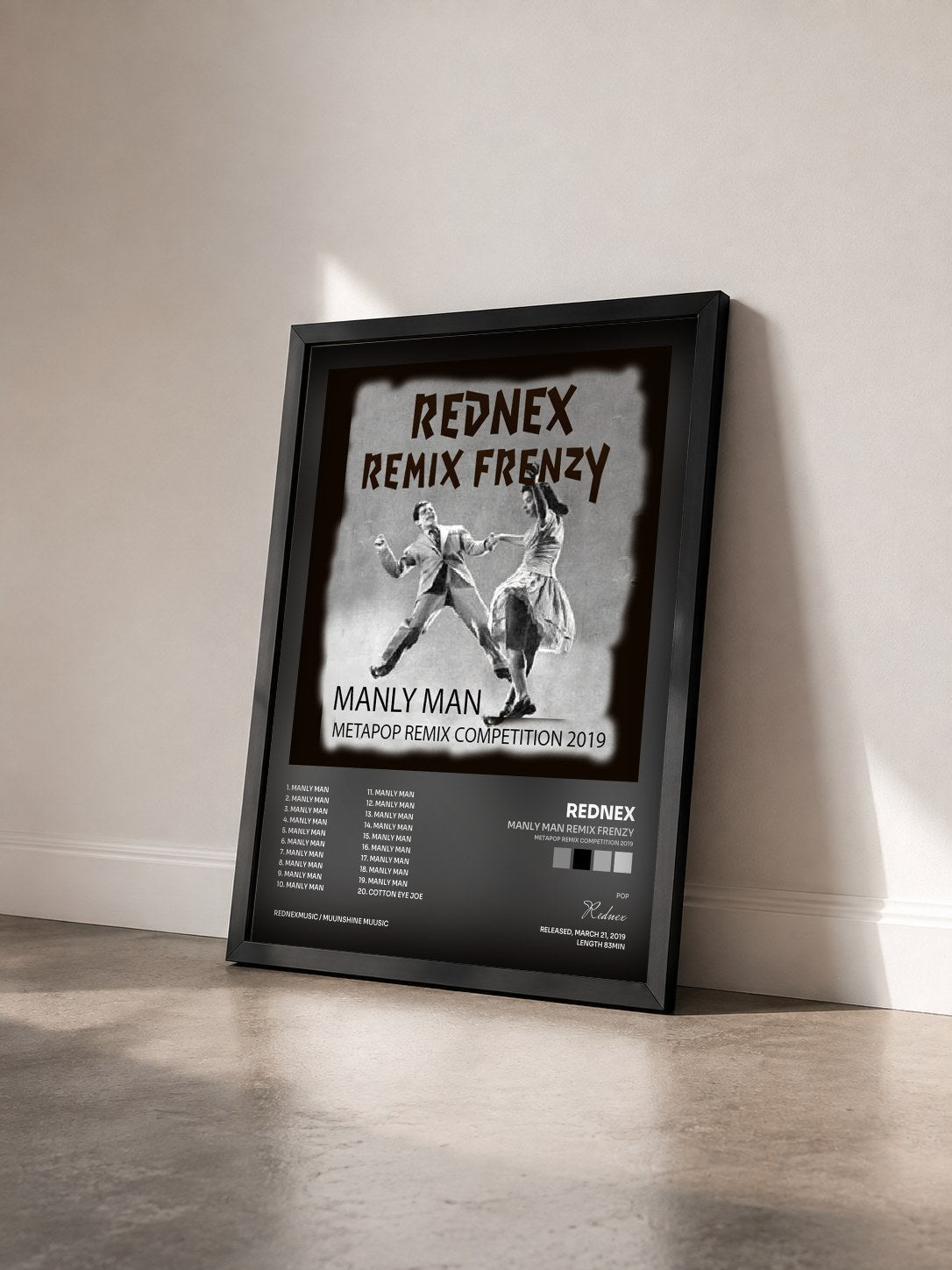 #noir Tableau de l'album Manly Man Remix Frenzy (Metapop Remix Competition 2019) de Rednex vu de trois quarts, cadre noir