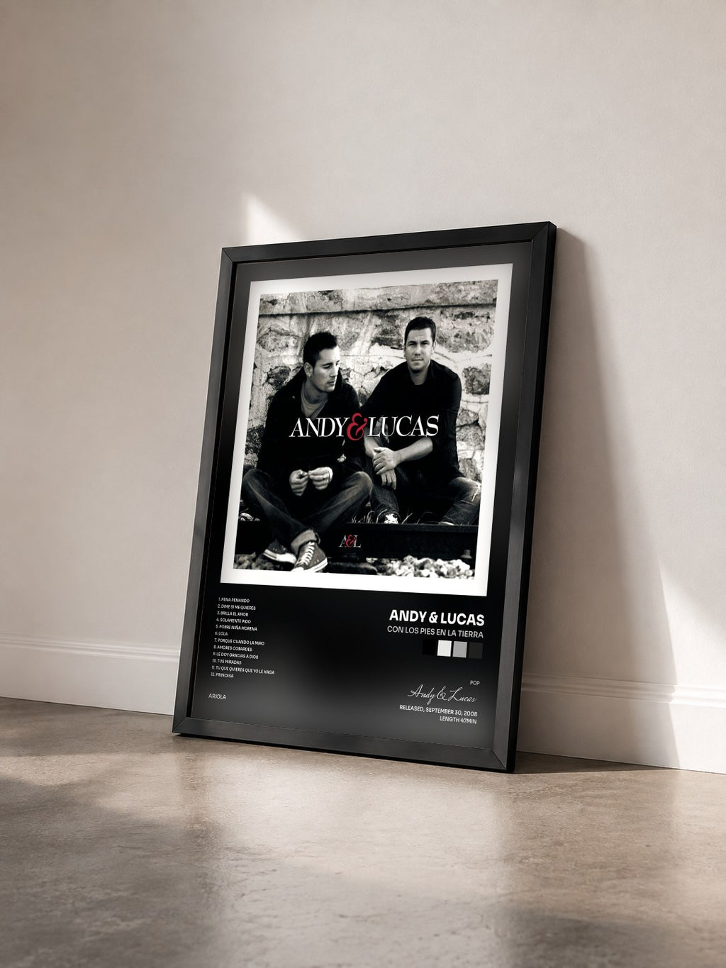 #noir Tableau de l'album Con Los Pies En La Tierra de Andy & Lucas vu de trois quarts, cadre noir