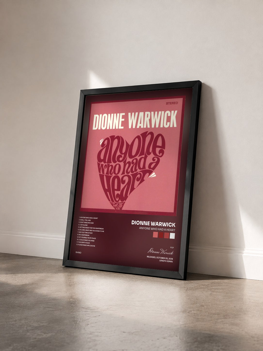 #noir Tableau de l'album Anyone Who Had a Heart de Dionne Warwick vu de trois quarts, cadre noir