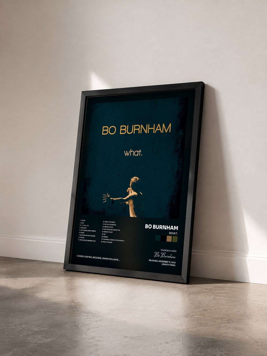 #noir Tableau de l'album What. de Bo Burnham vu de trois quarts, cadre noir
