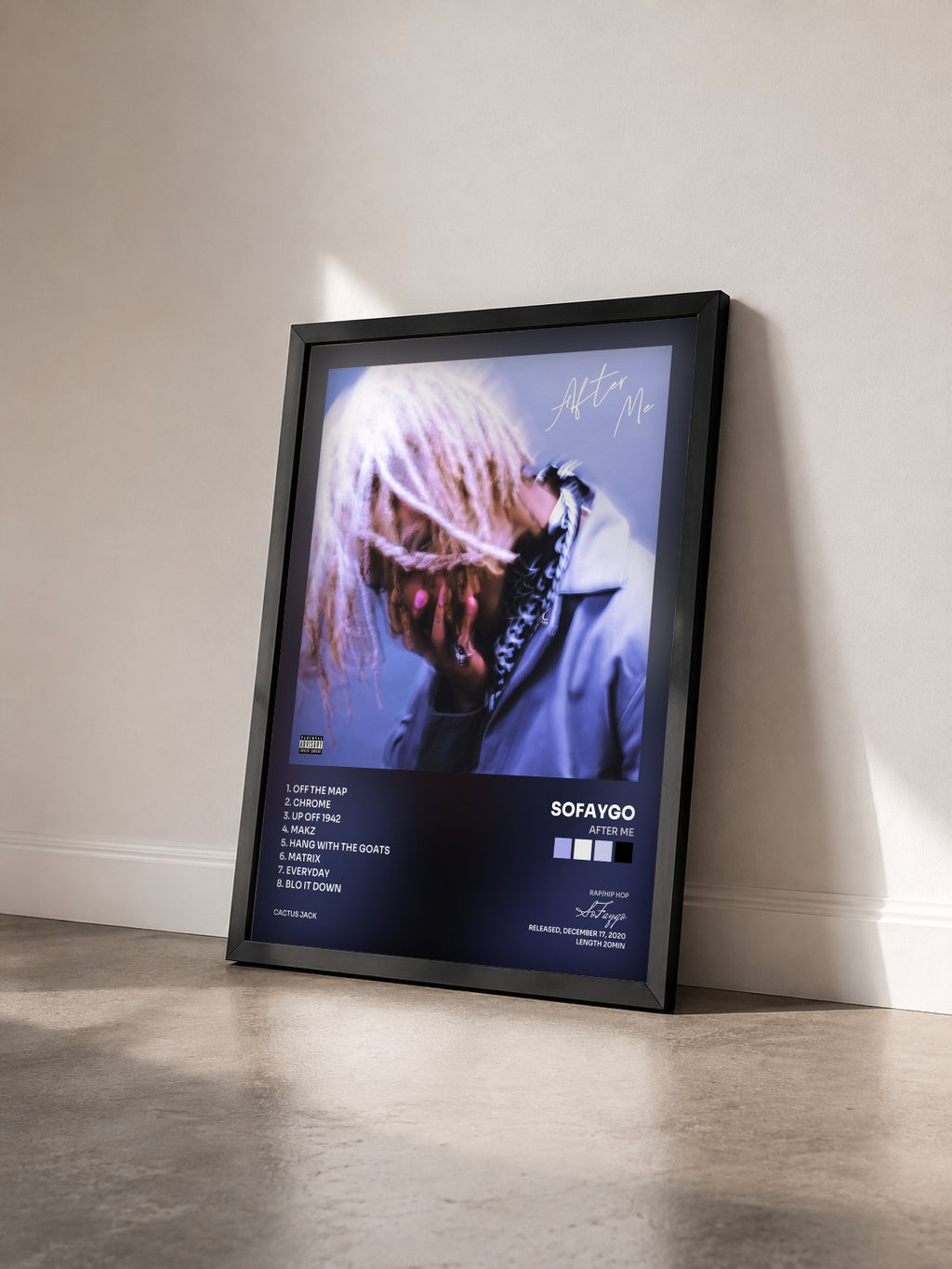 #noir Tableau de l'album After Me de SoFaygo vu de trois quarts, cadre noir