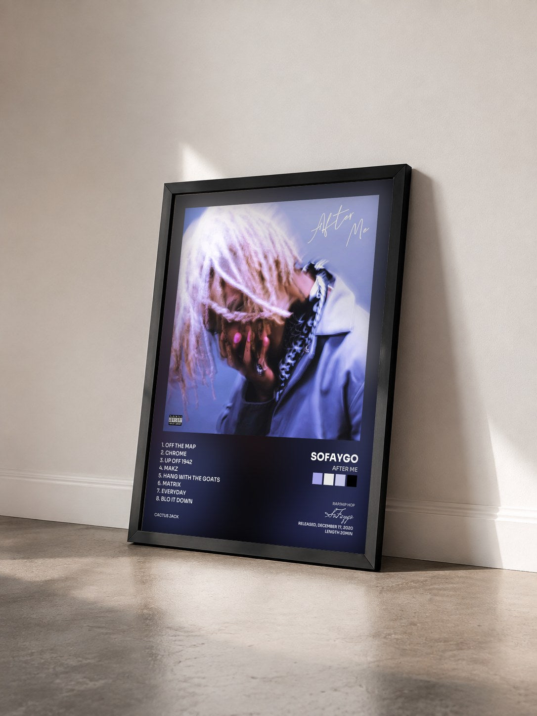 #noir Tableau de l'album After Me de SoFaygo vu de trois quarts, cadre noir