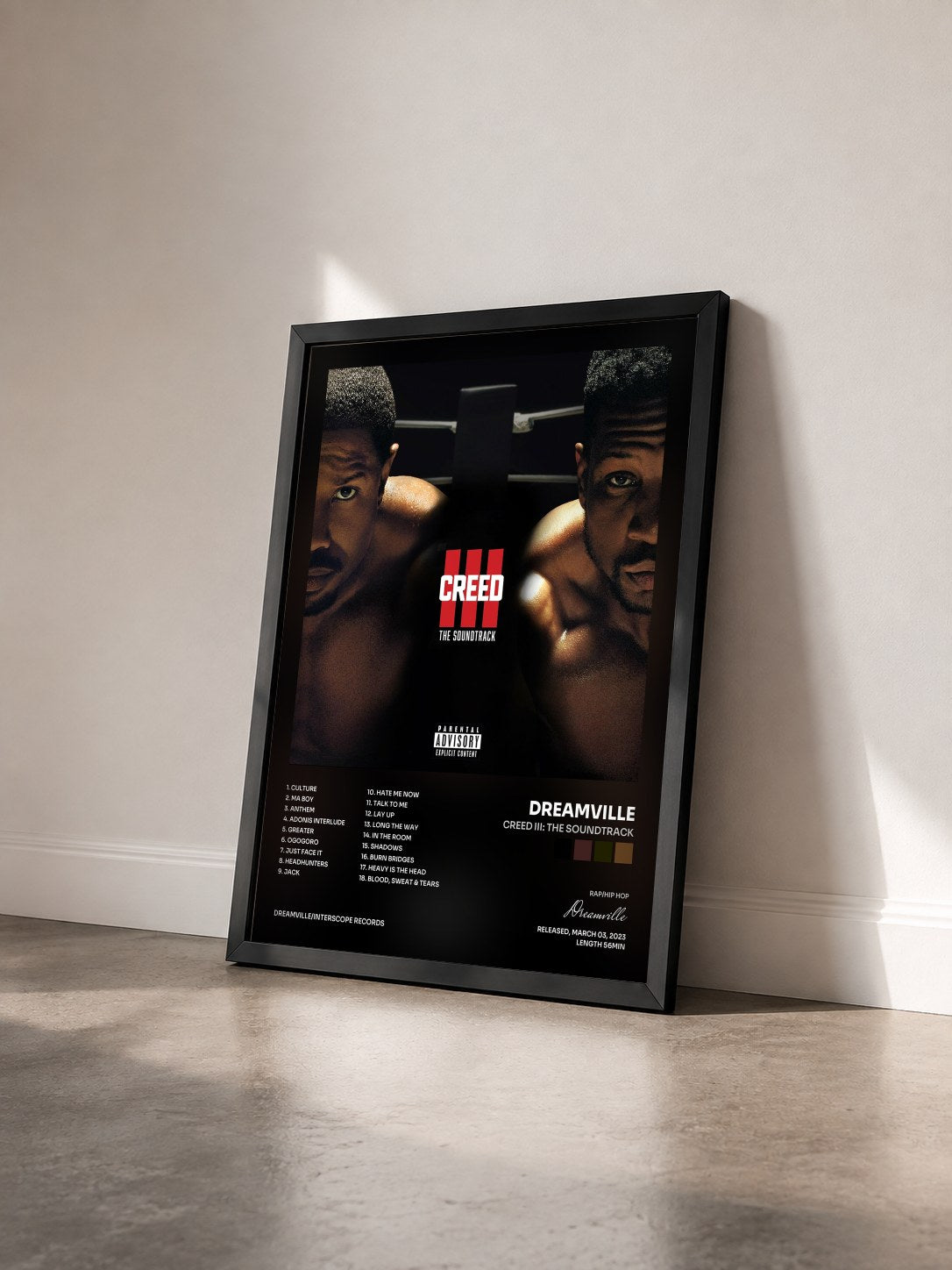 #noir Tableau de l'album Creed III: The Soundtrack de Dreamville vu de trois quarts, cadre noir