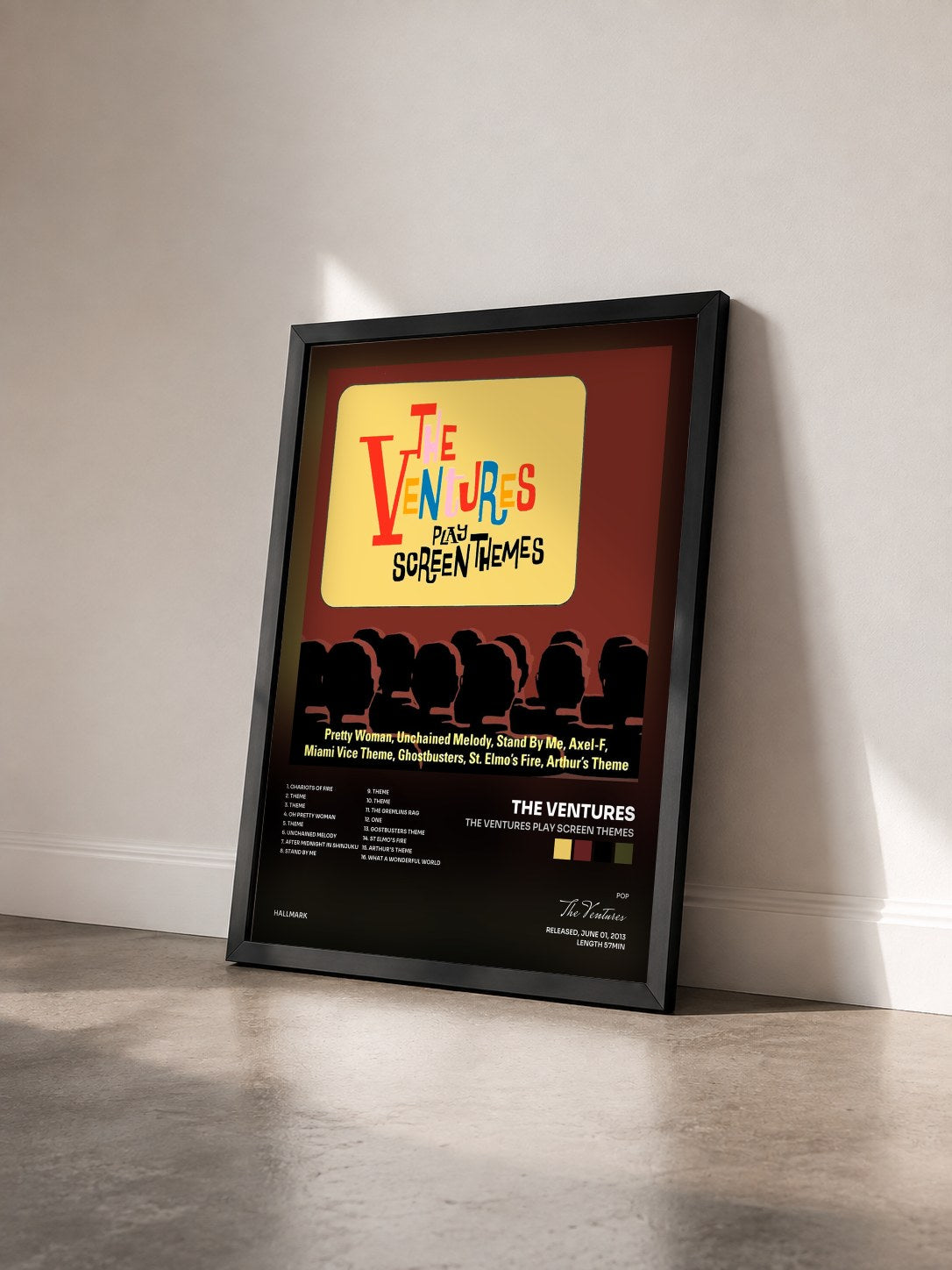 #noir Tableau de l'album The Ventures Play Screen Themes de The Ventures vu de trois quarts, cadre noir
