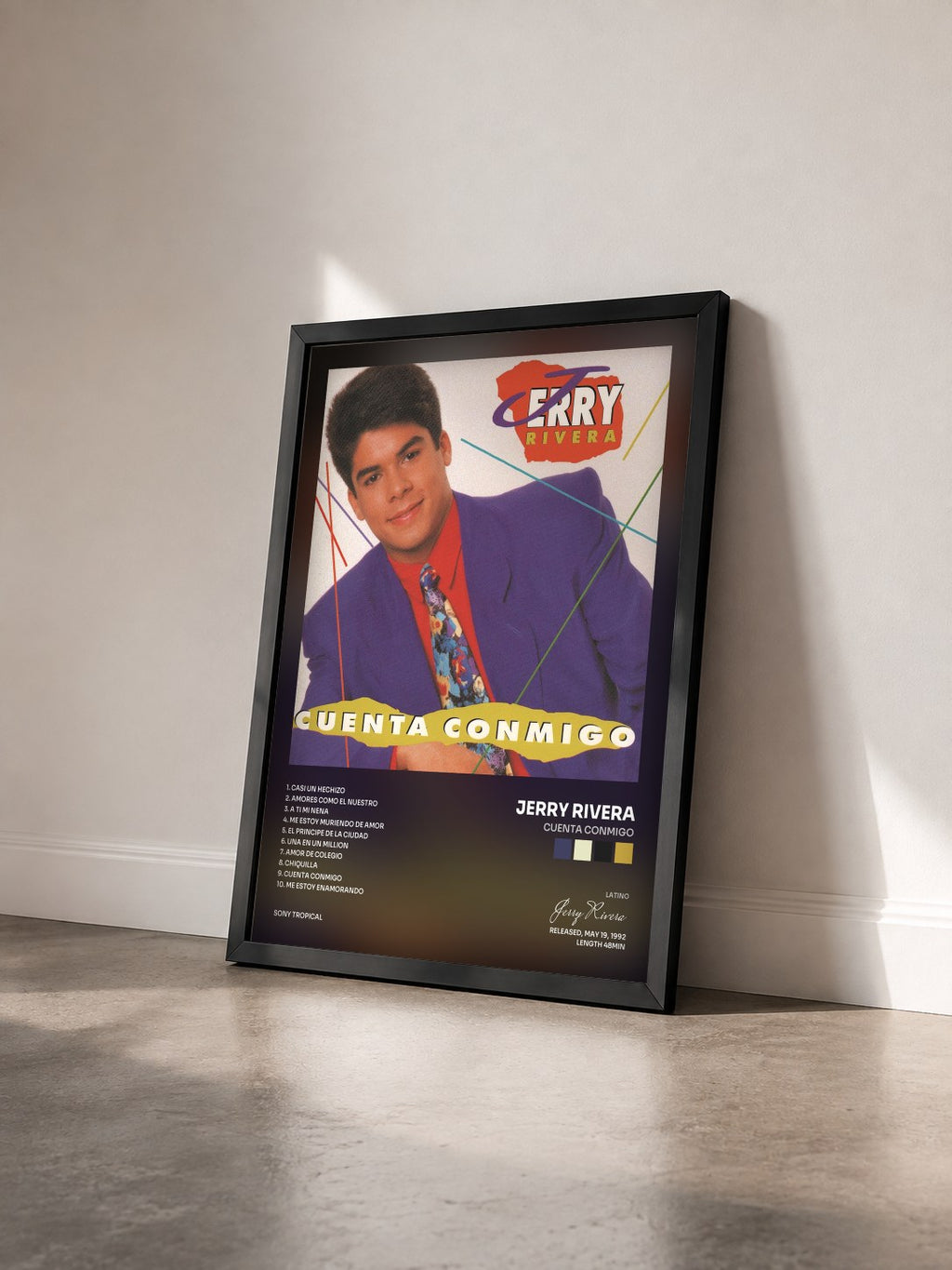 #noir Tableau de l'album Cuenta Conmigo de Jerry Rivera vu de trois quarts, cadre noir