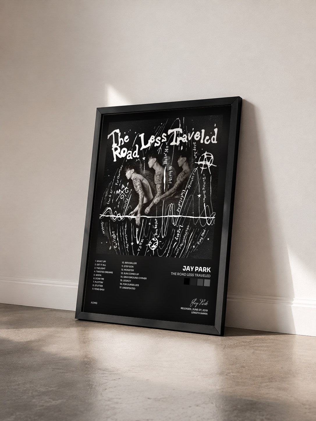 #noir Tableau de l'album The Road Less Traveled de Jay Park vu de trois quarts, cadre noir