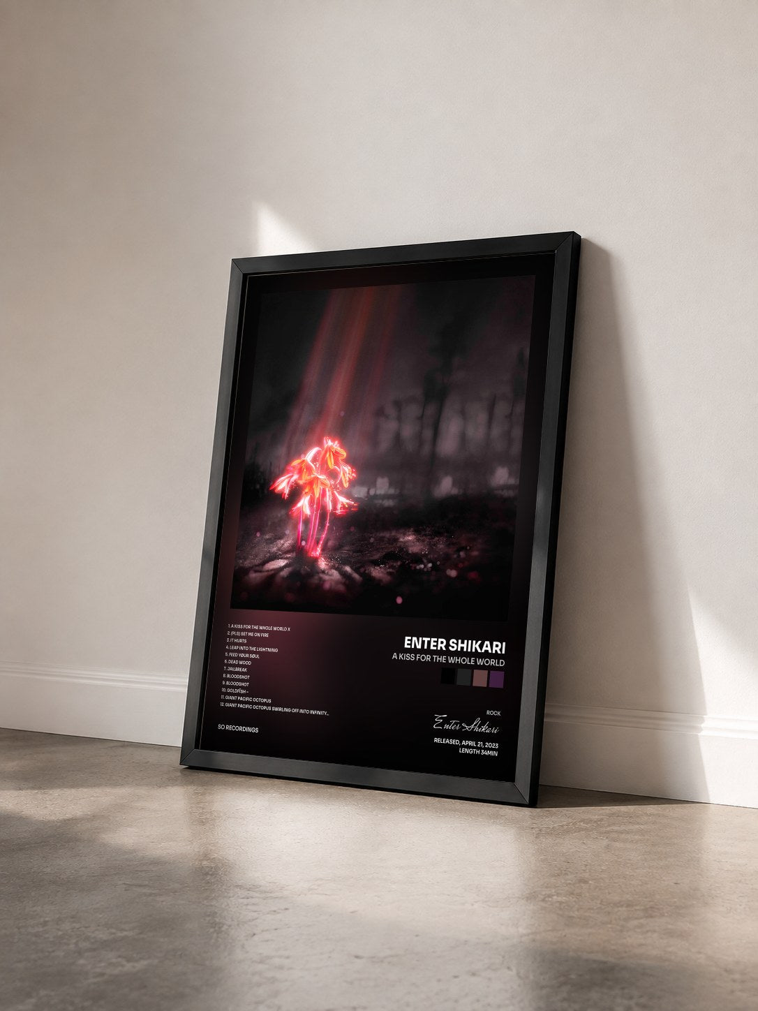 #noir Tableau de l'album A Kiss for the Whole World de Enter Shikari vu de trois quarts, cadre noir