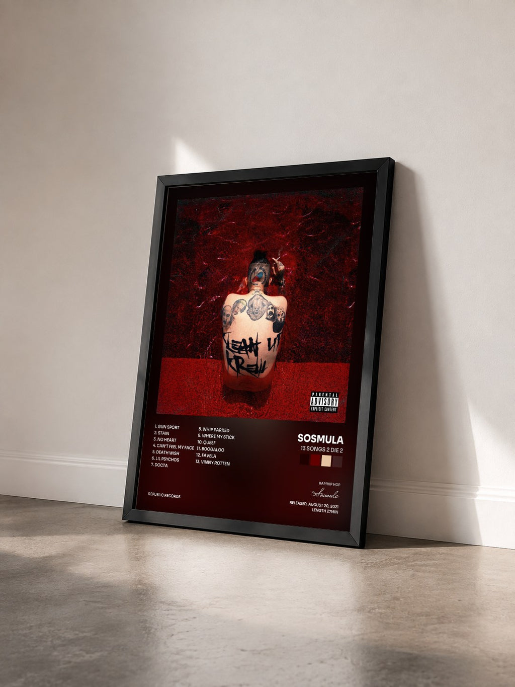 #noir Tableau de l'album 13 SONGS 2 DIE 2 de Sosmula vu de trois quarts, cadre noir