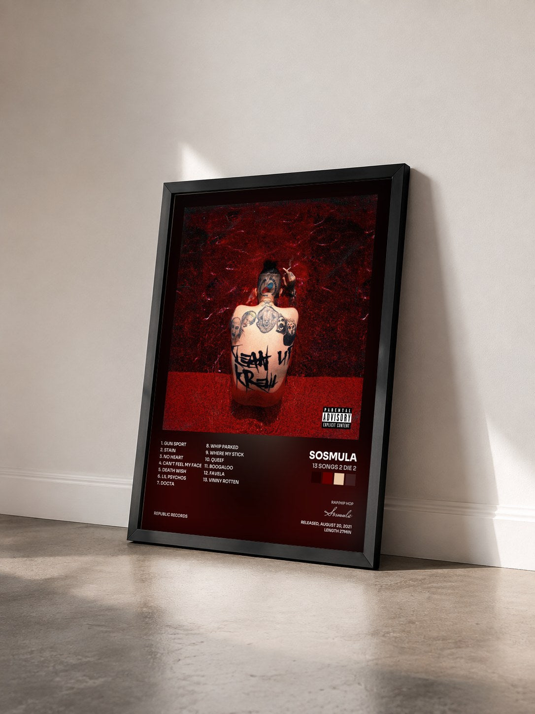 #noir Tableau de l'album 13 SONGS 2 DIE 2 de Sosmula vu de trois quarts, cadre noir